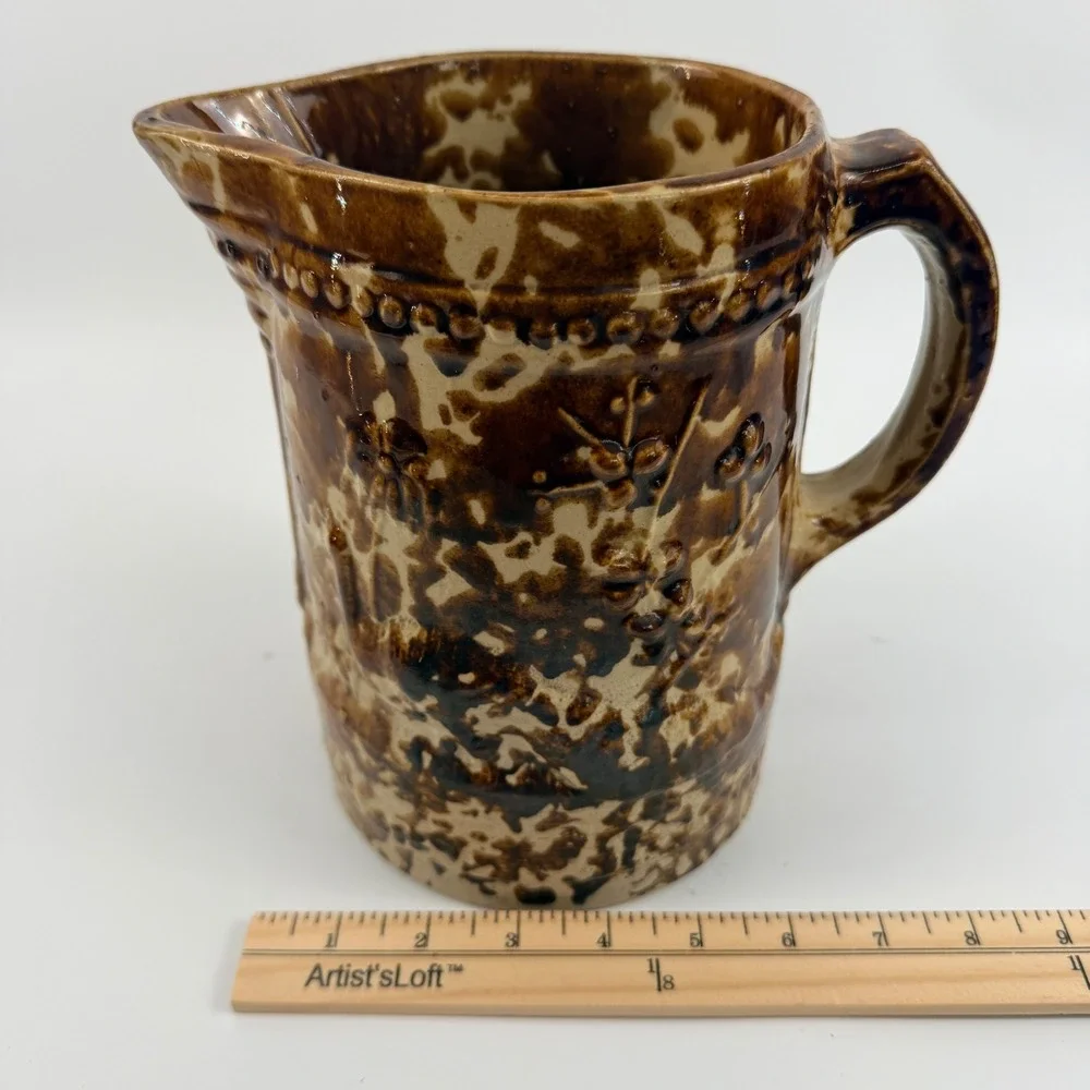 Antique Rockingham Glazed Yellowware Pitcher Brown Spongeware Relief Floral Jug